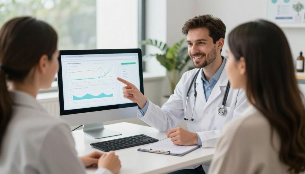 Stručnjak objašnjava klijentu kako radi magnetno kvantna analiza u wellness centru